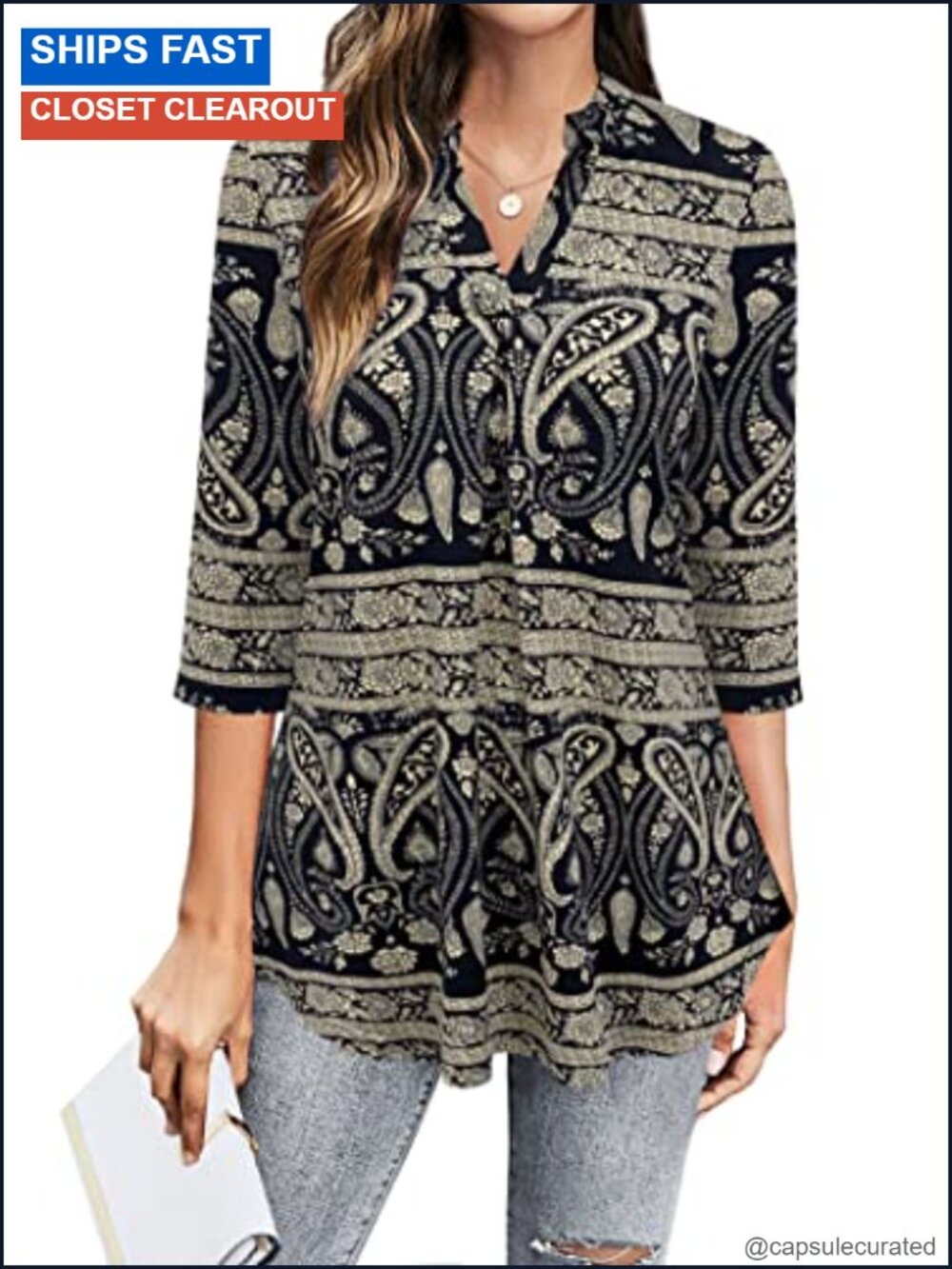 Womens 3/4 Sleeve V Neck Blouse Dressy Casual Tunic Tops Floral Print Stretchy
